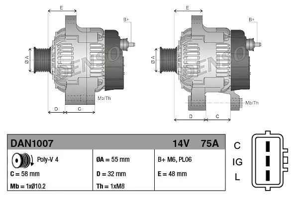 DENSO Alternatör 12V 75A DAN1007 1148647. Görsel