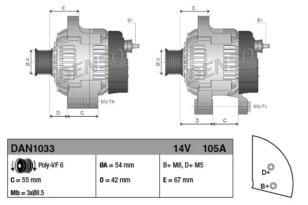 DENSO Alternatör 12 V 105A DAN1033 1149306. Görsel