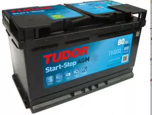TUDOR Akü 12V 80 Ah Start Stop Agm L04 315×175×190 TUDOR TK800